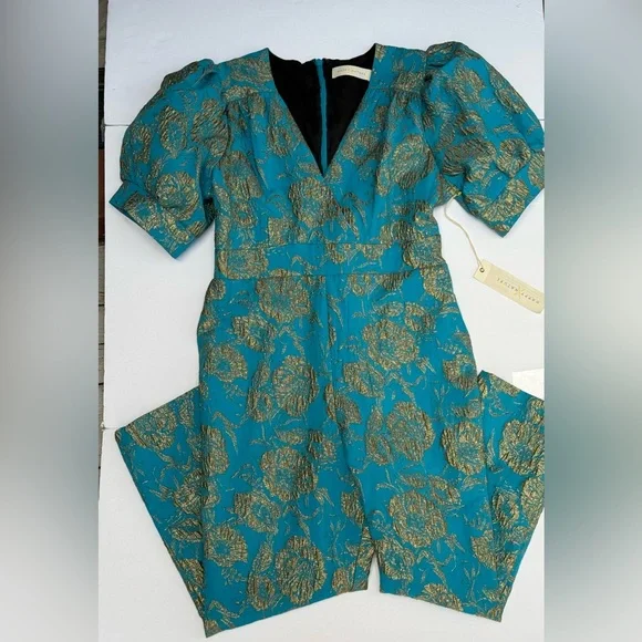 NWT Happy x Nature by Kate Hudson Teal & Gold Brocade Puff Sleeve Jumpsuit - Picture 12 of 15